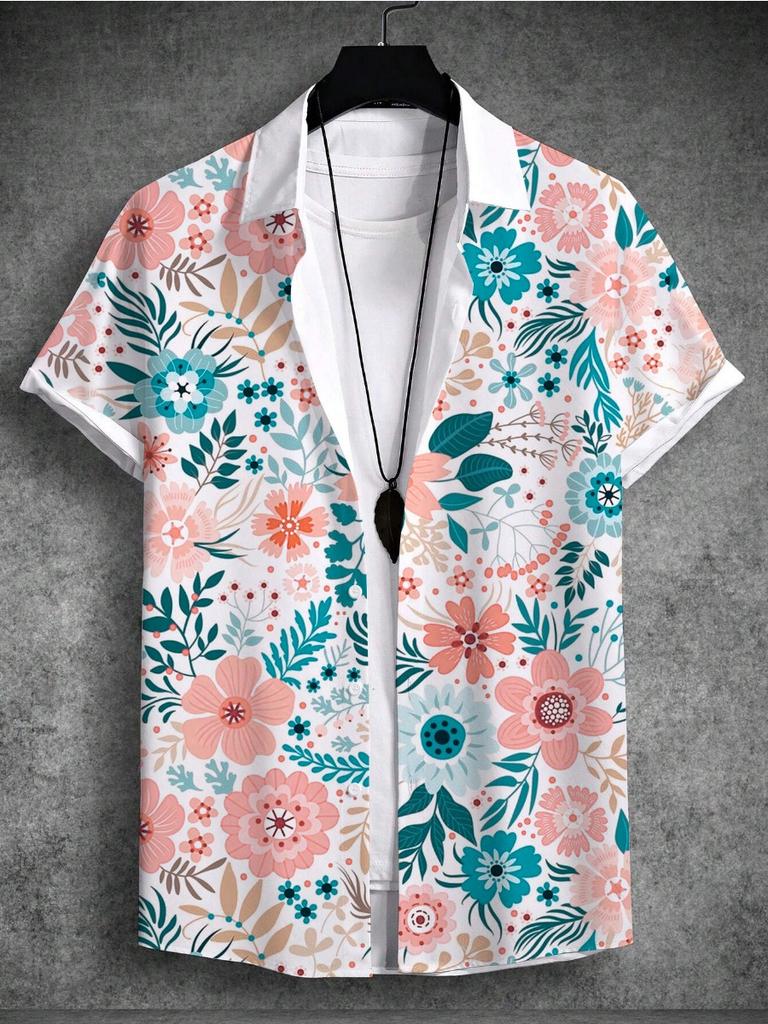 Summer 3d Print Men'sShirt Tropical Hawaiian Beach Vacation Plant Coconut Tree Short Sleeve T-Shirt 4-Way Stretch Fabric Shirt