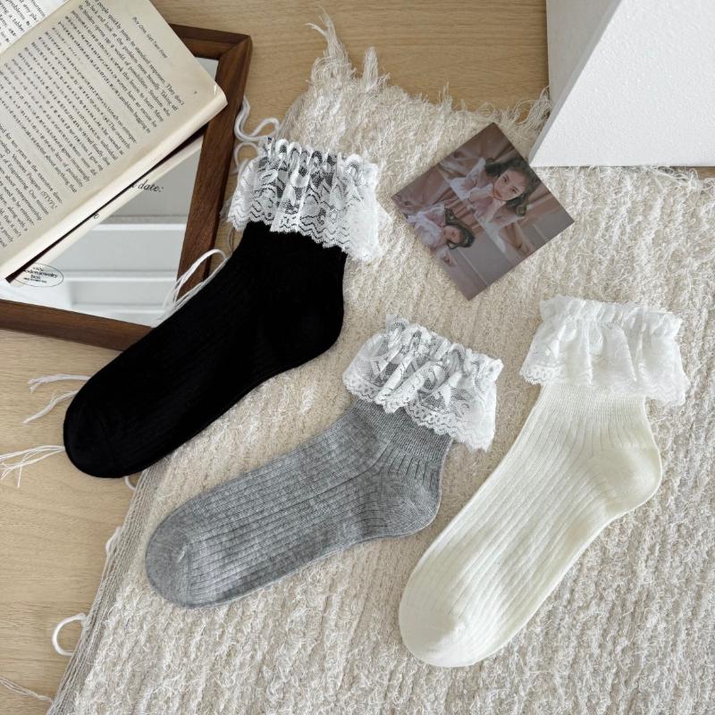 Retro Ballet-style Summer Pure Lace Fringed Pile Socks for Women, Thin Combed Cotton Versatile Short Socks