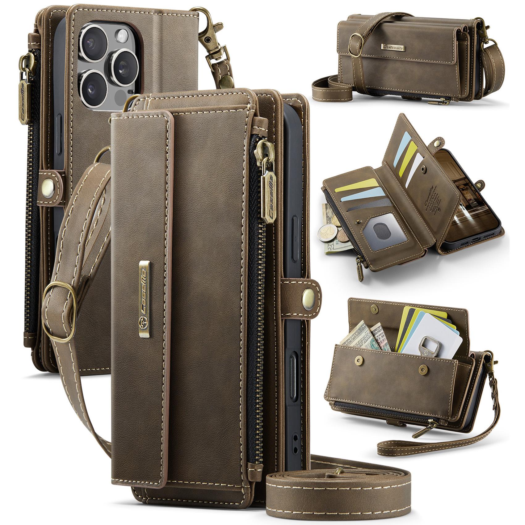 

For iPhone 16 Pro Max CASEME C39 RFID Blocking Zipper Wallet Stand Leather Cover with Strap A