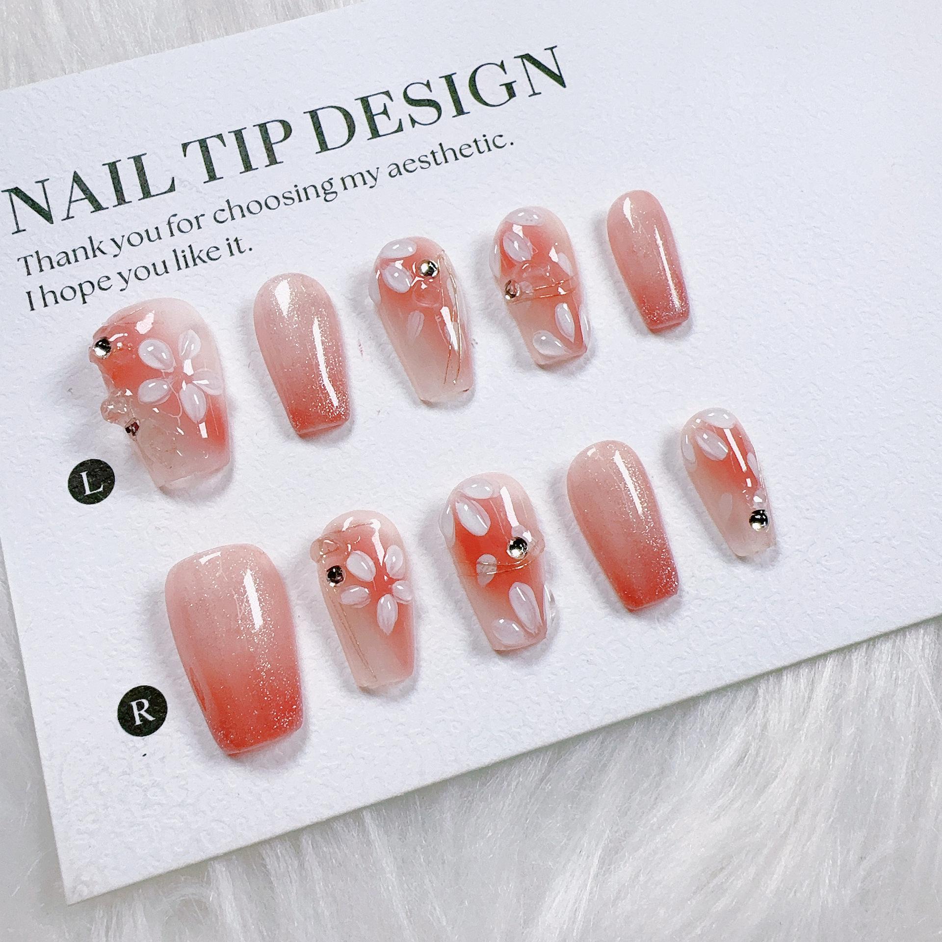 Translucent Cherry Blossom 3D Nail Art: Soft, Sheer, Rhinestone-Enhanced Press-On Nails for a Tender, Luxurious, Youthful Look.