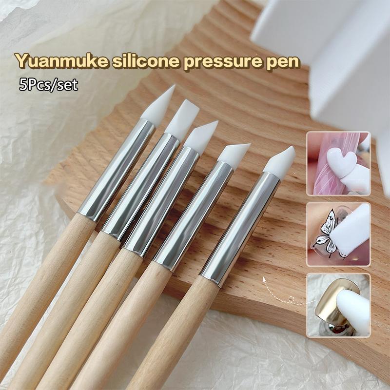 5Pcs/Set Silicone Wooden Handle Nail Art Pen Brush Uv Gel Polish Tip 3D Image Diy Dotting Polish Brushes Diy Sculpture Pen