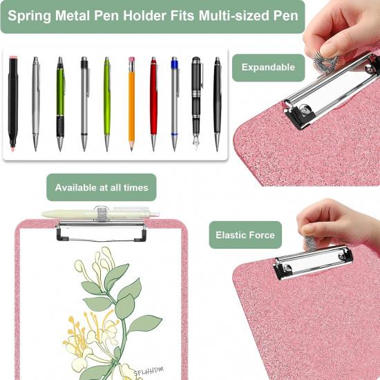 1 Pcs Clear Glitter Clipboards, Plastic Clipboard with Pen Holder, Size 8.85 x 12.4 in Shiny Clipboards with Low Profile Clip, Cute Hanging Clipboard