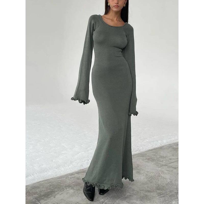 Women Knitted Dress Long Sleeve Tie Backless Round Neck Dress Solid Color Ruffle Trim Casual Fashion Dresses