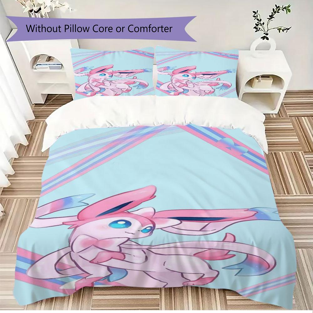 Pink Sylveon Design 3 Piece Bedding Set Cute Pokemon Theme Duvet Cover Pillowcases For Kids Girls Room