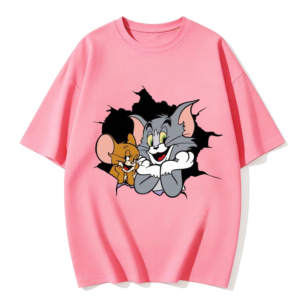 2026 New Tom Jerry Print Tshirt Casual Loose Couple Family Matching Outfits Short Sleeve Cotton Tee Summer Streetwear Tops Y2k