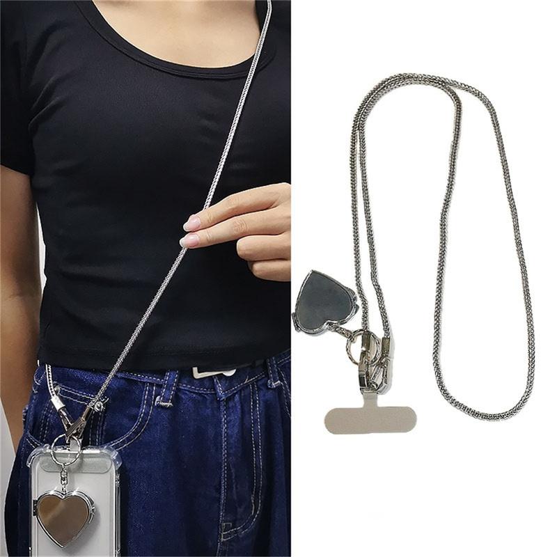 1pc Korea Silver Bone Love Heart Mirror Pendant Diagonal Lanyard Clip Style Pendant Mobile Phone Long Neck Strap Anti Loss Sling