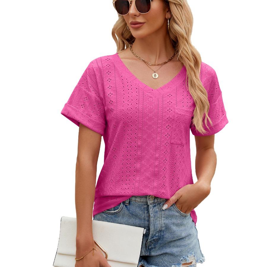 Frühling Sommer Einfarbig Bluse Mode Tasche V-ausschnitt Lose Kurzarm Top für Frauen