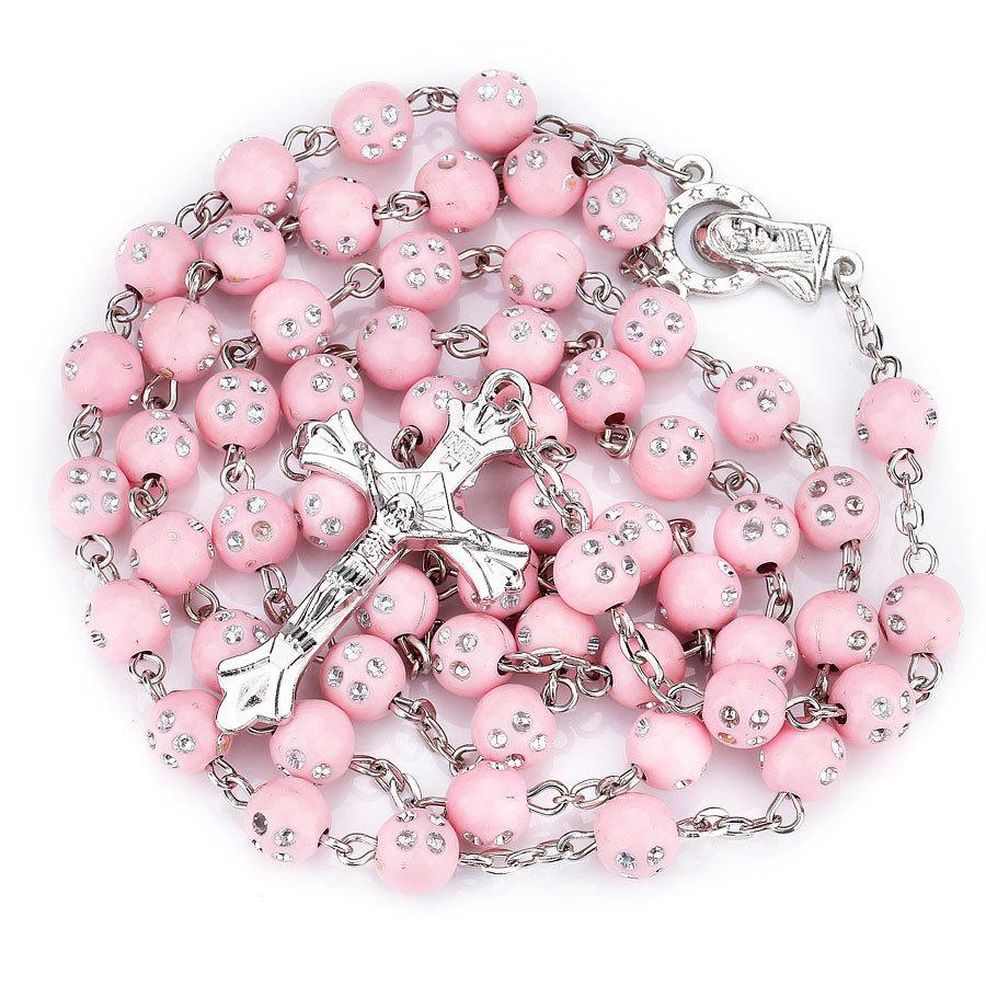 Religion Christian Rosary Necklace For Women Virgin Mary Jesus Cross Pendant 8MM Crystal Beads Long Chain Fashion Prayer Jewelry