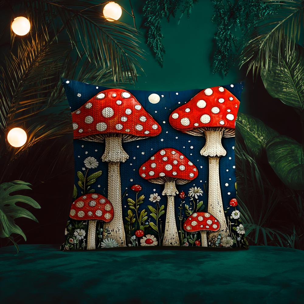 Mushroom Illustrations Cushion Cover Natural Linen Pillow Case Double-Sided Print Decorative Sofa Pillowcase Home Decor Gift
