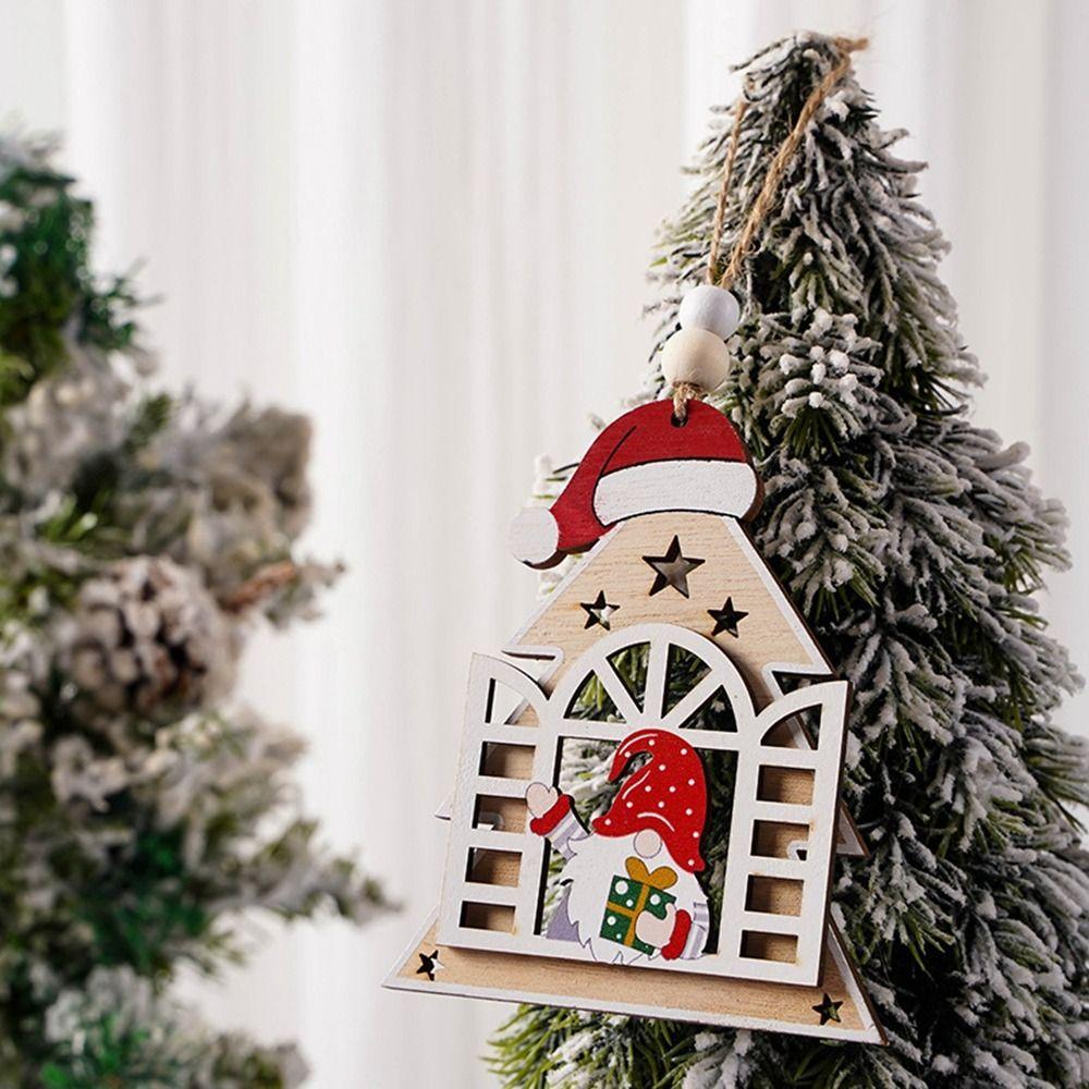 Santa Wooden House Faceless Pendant Pentagram Christmas Decorations Party
