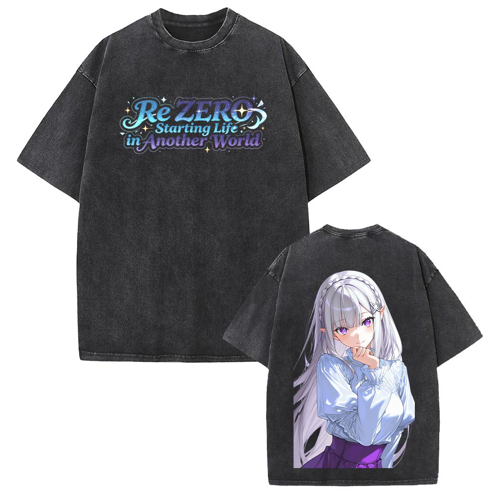 Hot Anime Re ZERO Emilia Kawaii Graphic Tee Men Women Short Sleeve Clothing Washed Cotton Tshirt Casual T-shirt Vintage T Shirt