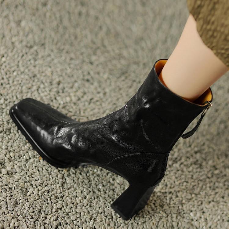 Retro Hand-scratched Square Head Thick Heel Fashion Short Boots Women's 2024 Autumn and Winter Soft Leather High-heeled Martin Boots Versatile Fashion