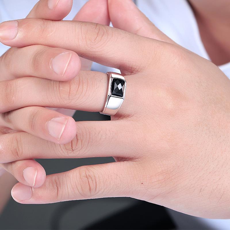 925 Sterling Silver Men's & Women's Open Ring with Black Agate - Elegant and Unique Design
