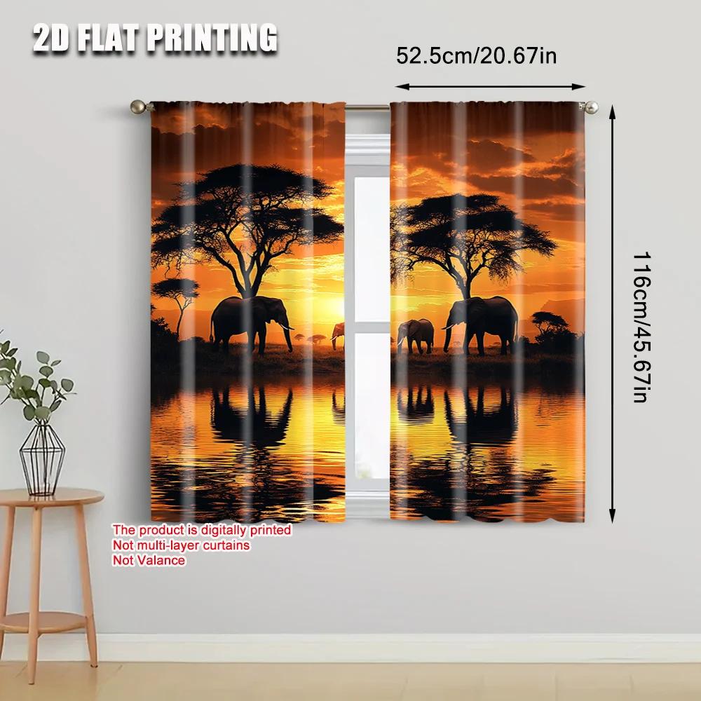 Set Of 2 Plane Printing Popular Curtain Panels African Sunset Elephant Polyester Without Rod Decorations Outdoor Use