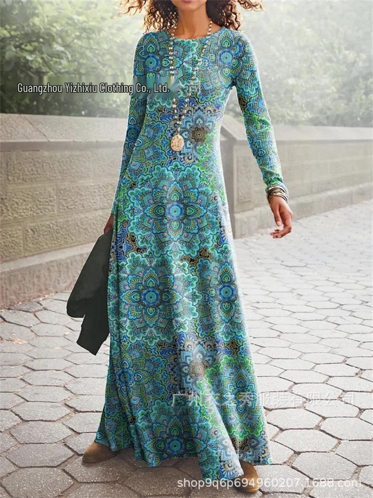 Europäisches und Amerikanisches Grenzüberschreitendes Ethnisches Print High-Waist Langarm Oversized Kleid