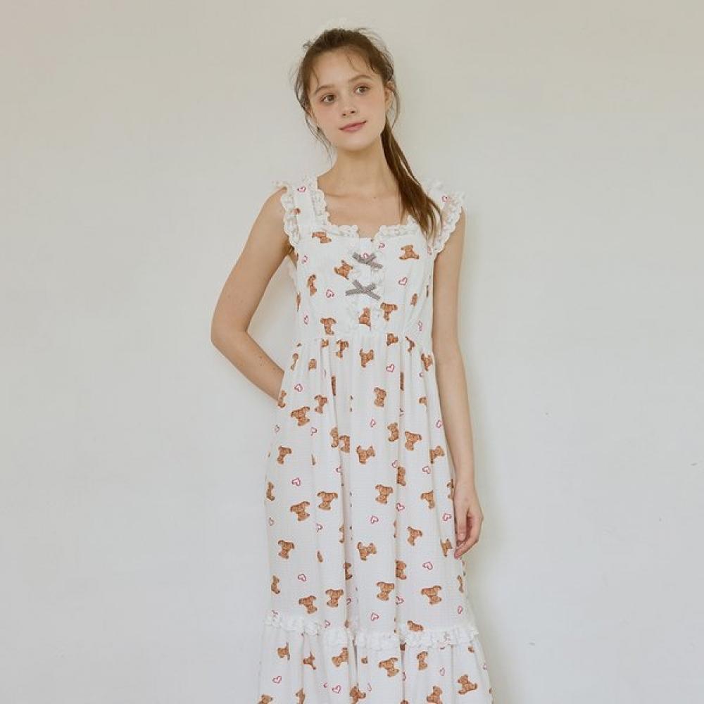 Lunaluz Women Tender Bear Sleeveless Square Neck Dress Sleepwear white/FREE