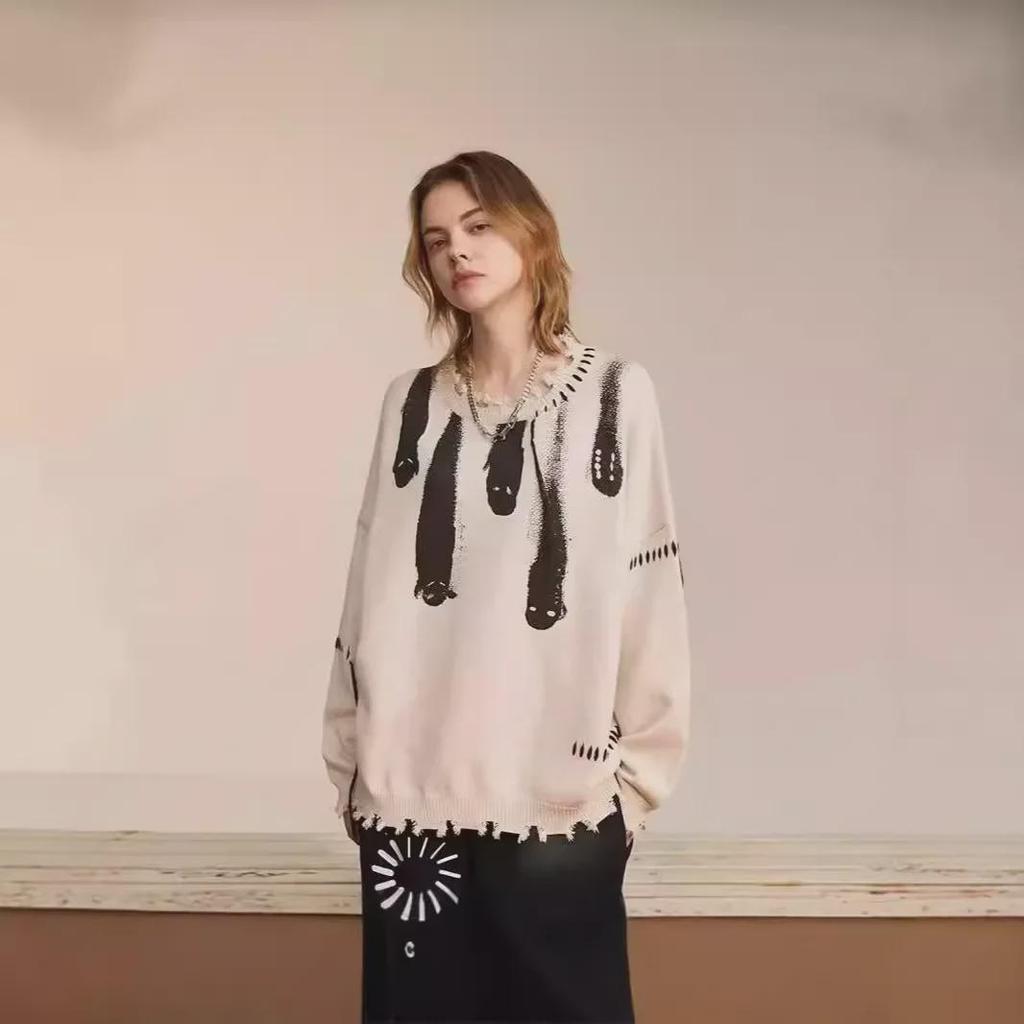 Dámský vintage pletený svetr s dírami - Americký retro styl, volný střih, podzimní/zimní design