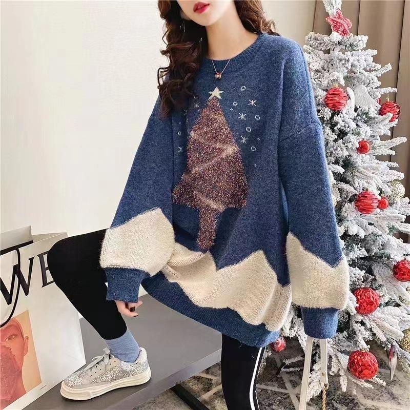 Wishing Tree Christmas Sweater Women's Autumn and Winter New Crew Neck Sweater Pullover Foreign Style Loose and Skinny Knitted Sweater Women