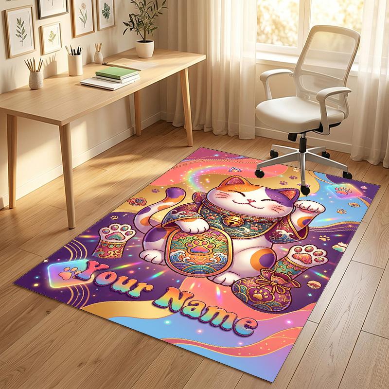 Cat Theme Crystal Velvet Rug Personalized Custom Name Text Soft Floor Mat Home Decor