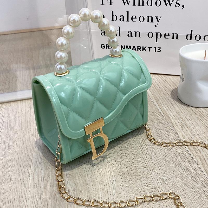 Cross-Border Women's Bag New Trendy Fashion Quilted Embossed Chain Mini Jelly Small Square Bag Versatile Pearl Handbag