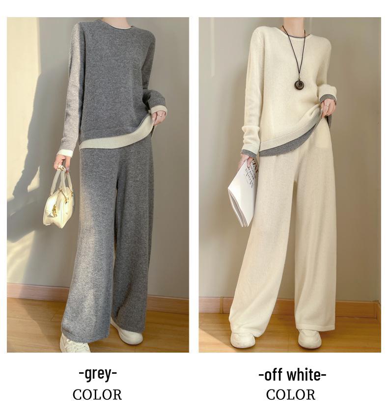 Women's 100% Wool Suit: Stylish Two-Piece Autumn/Winter Versatile Sweater & Pants Set