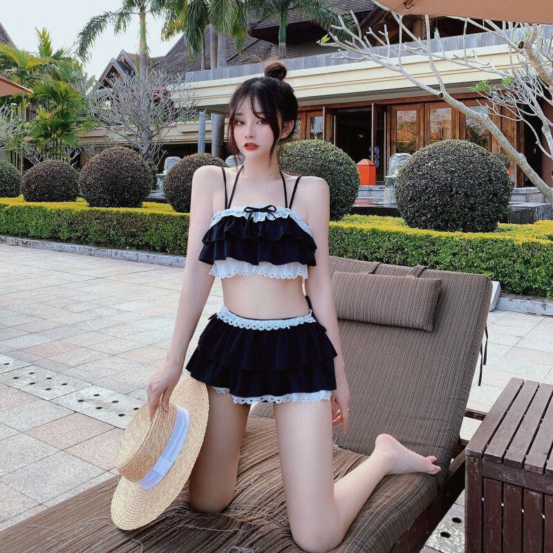 

Комплекти бікіні Жінки Kawaii Girlish Design Tender Teens Slim Chic Beach Simple Feminino Daily Ruffles Japan Style Cool Sexy L чорний