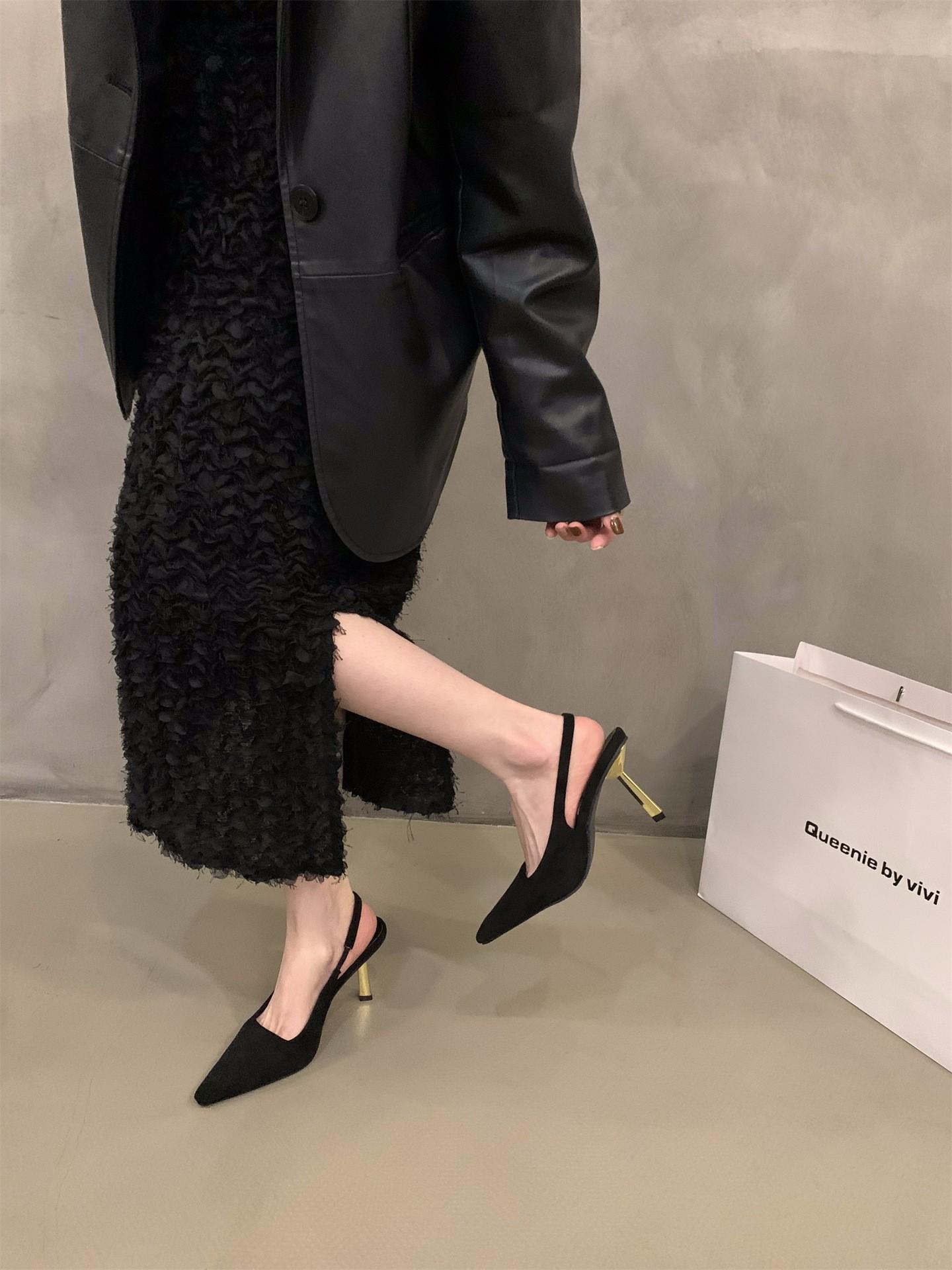 

Niche French сандалии с острыми носами на высоком каблуке, туфли-мешки, новинка весны и лета 2025 года, светские туфли для светских львиц 35 чёрный