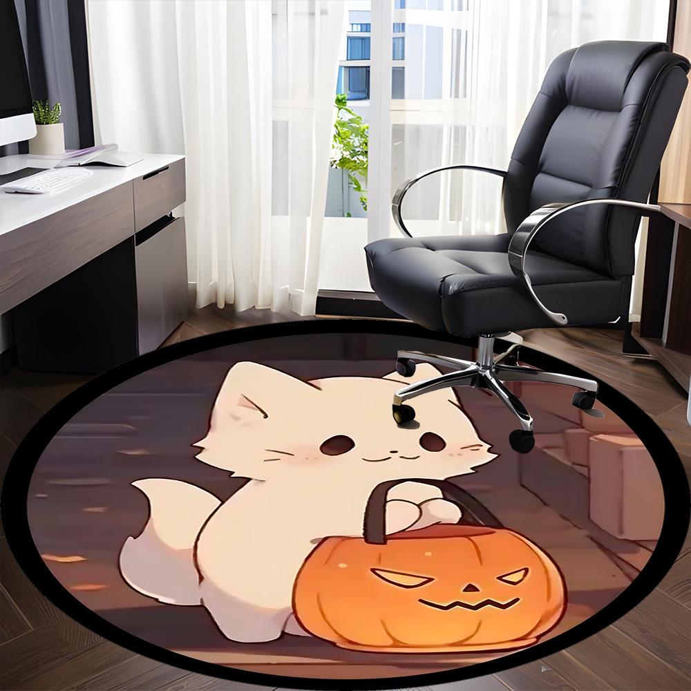 1PC Halloween Kitten Office Round Area Rug, Indoor Mat Suitable ForOffice, Under Office Chairs Bedroom Living Room Home Decor, Room Deco f030