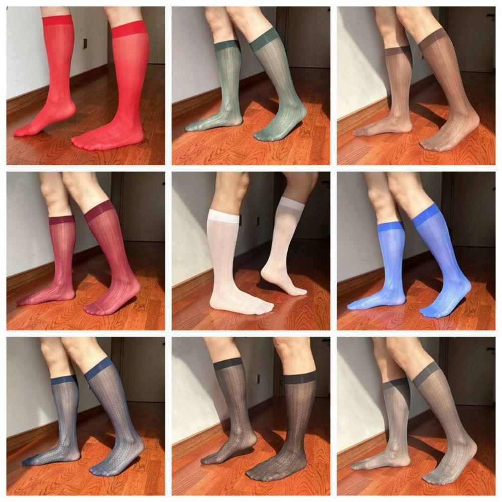 Chaussettes Homme à Rayures Durables Ultra-Fines Bas Mi-Mollet en Nylon Ultra-Fins Respirants Transparents Chaussettes Habillées Bureau