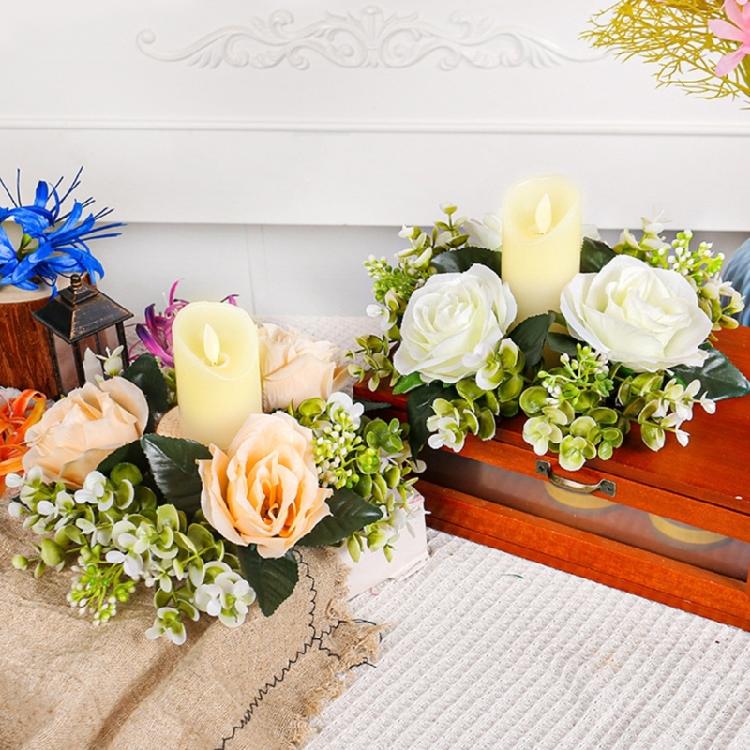5Pcs Simulated Rose Flower Candlestick Wreath Small Candle Rings Dining Table Centerpieces Decoration Wedding Props