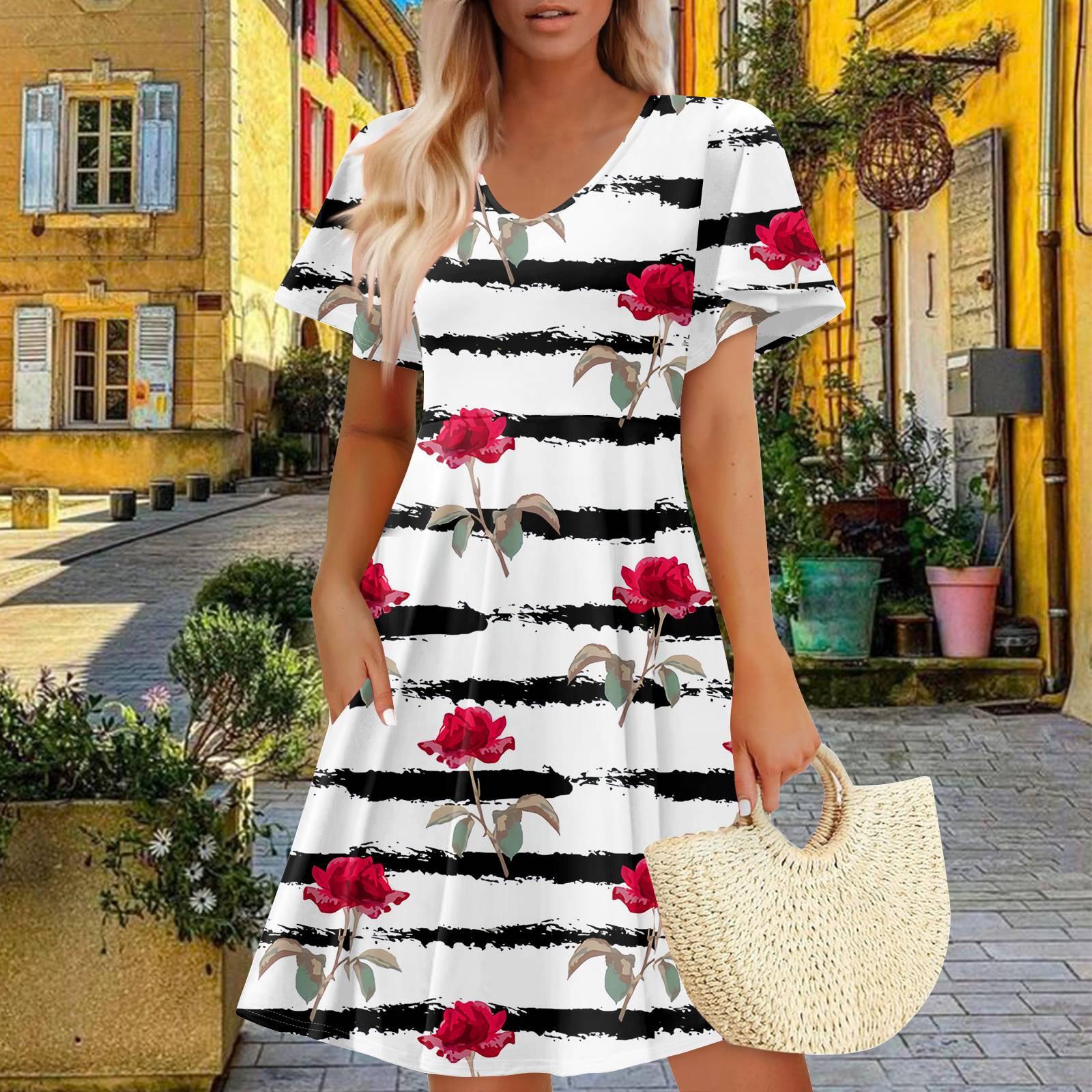 

Женское летнее платье повседневное свободное цветочное оборка с коротким рукавом сарафан пляжное платье А-силуэта с карманами XL арбуз красный