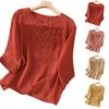 Women's Vintage Inspired Loose Fit Embroidered Mid Length Sleeve Cotton Linen Blend Top