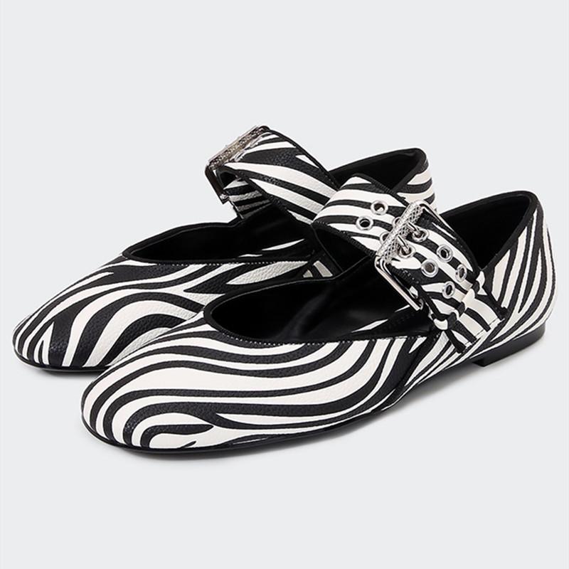 Fashion Fashion Zebra Print Ballet Flats Women Luxury Wide Strap Metal Buckle Mary Jane Shoes Comfort Casual Designer Shoes for Women