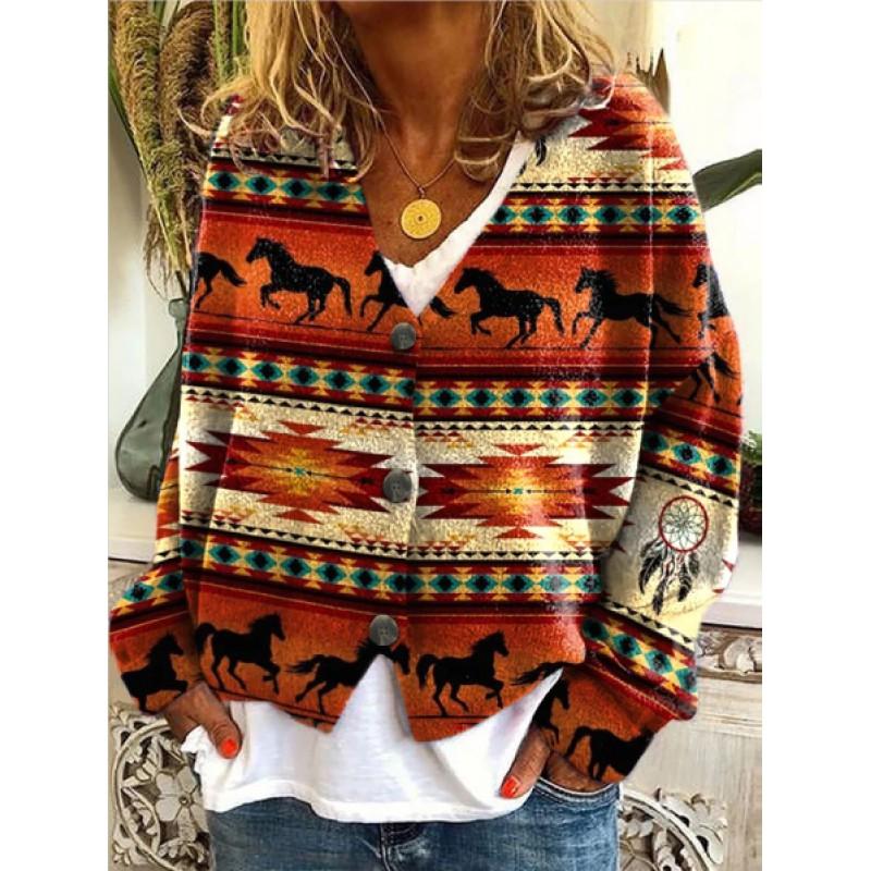 Womens Soft Knit Cardigan Sweater With 3D Print Design Loose Fit Casual Open Front Long Sleeve Pullover
