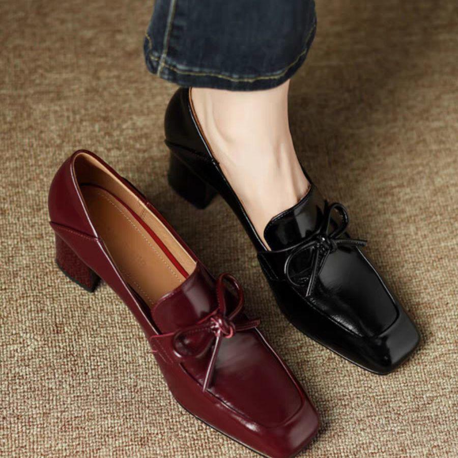 Retro square head British style small leather shoes women's 2025 spring and autumn new bow thick heel high heels deep mouth single shoes