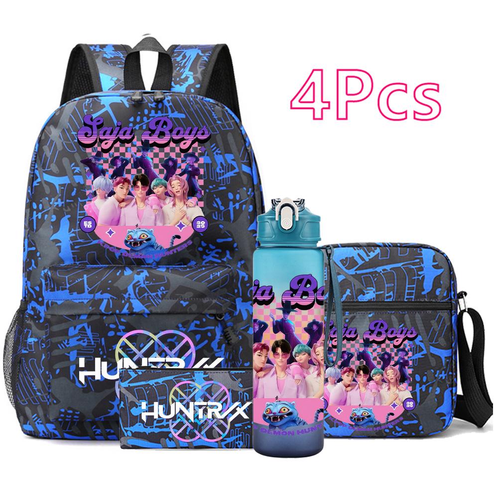 4Pcs/set New Anime Printed Backpack Large Capacity Bookbag Shoulder Bag Case Bag with 750ml Water Bottler Boy Girl Waterproof SchoolBag Mochila