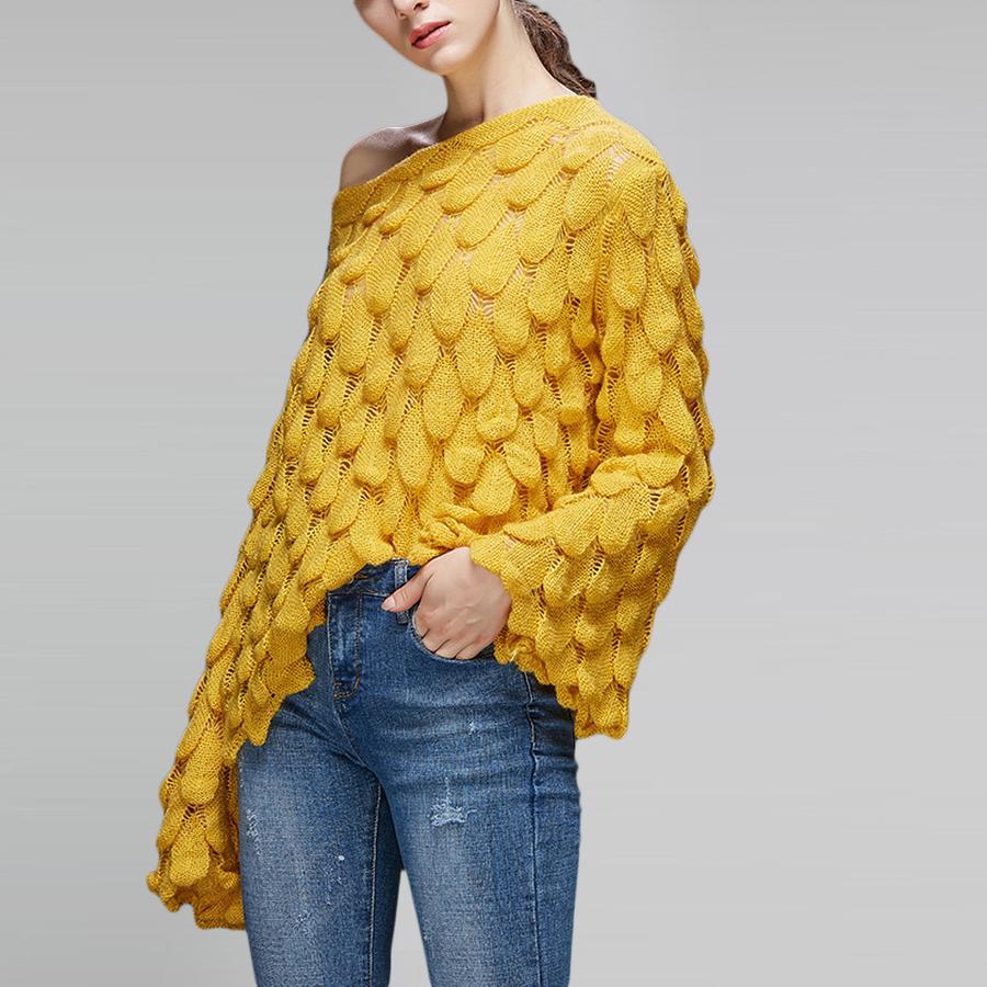 Neuer lockerer Strickpullover mit hohlem 3D-Federmuster, Rundhalsausschnitt und Glockenärmeln für Damen, Oberbekleidung