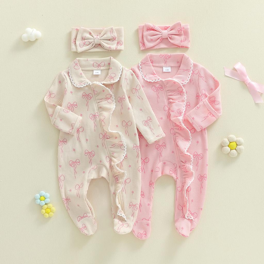 Citgeett Spring Newborn Baby Girl Fall Romper Waffled Bow Print Long Sleeve Zipper Footed Jumpsuit Headband Clothes