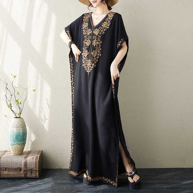 Női Plus Size Laza Hímzett Hosszú Ruhák Nyári V-nyakú Vintage Strand Bohém Ünnepi Ruha