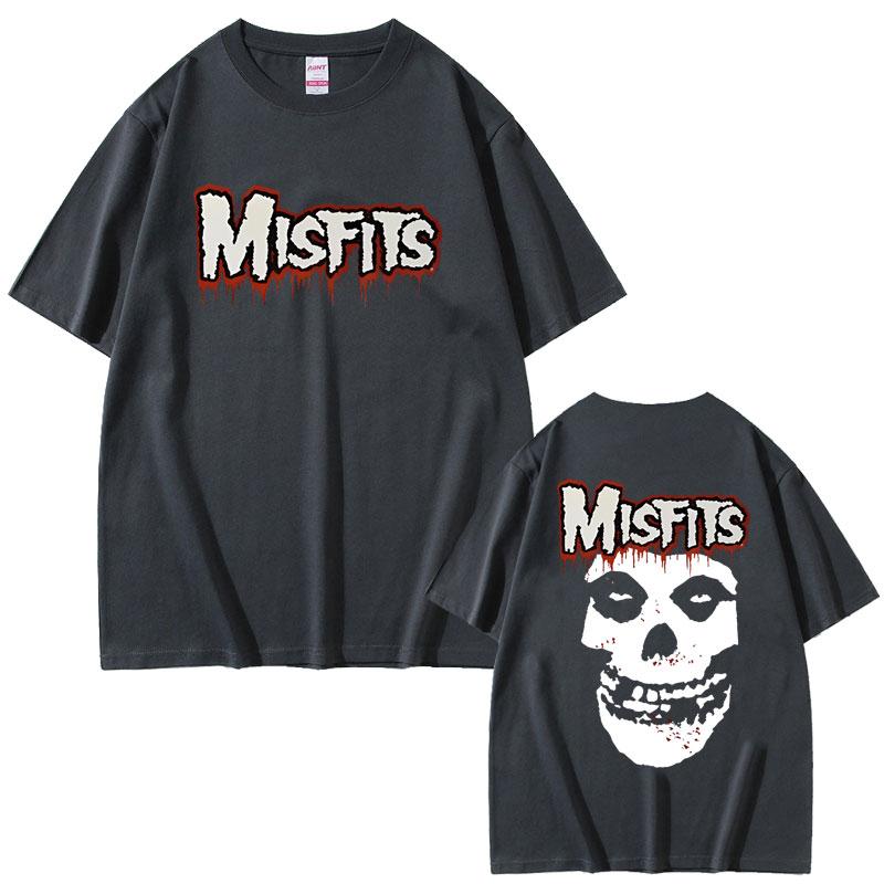 Horror Punk Misfits Skull Rock Double Sided Print T Shirt Unisex Gothic Vintage Oversized Tshirts Male Cotton Short Sleeve Tshirt