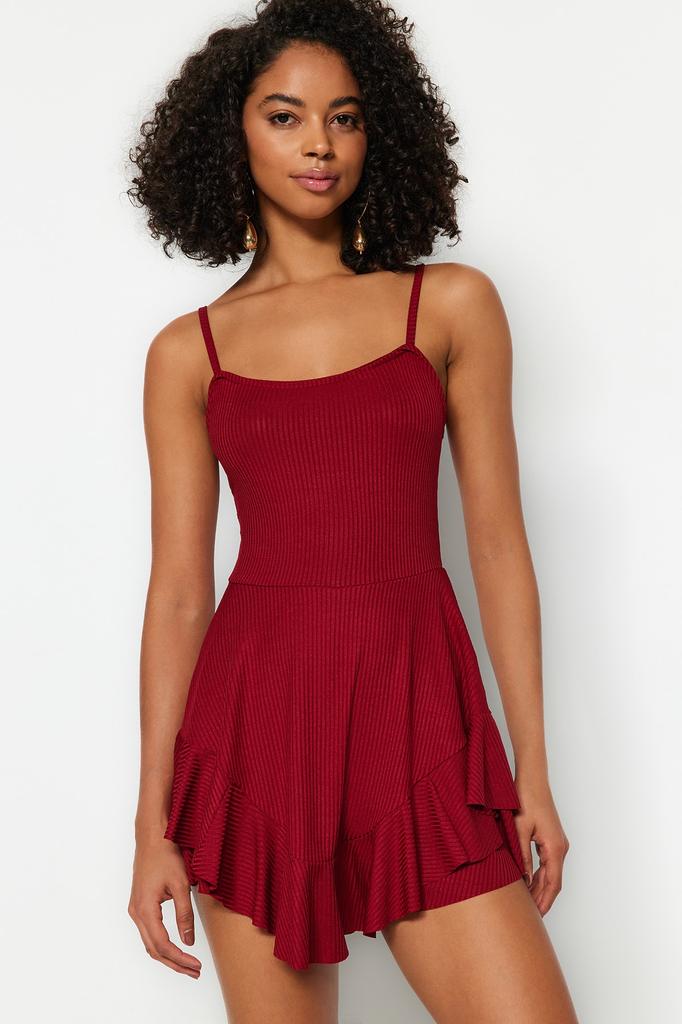 Women's Fashion Jumpsuit Square Collar Strappy Fuchsia Belted Strap Mini Woven Jumpsuit