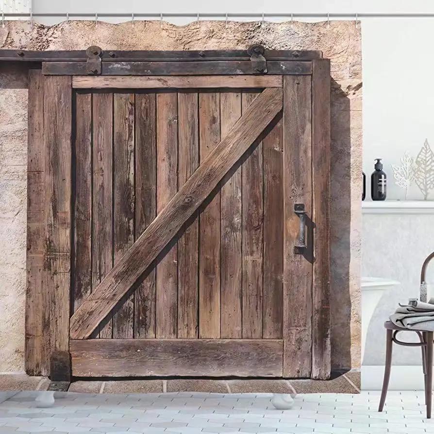 Old Wooden Door Shower Curtain Farm Barn Door Rural FarmHouse Decoration Polyester Fabric Bath Curtain Bathroom Accessories Set
