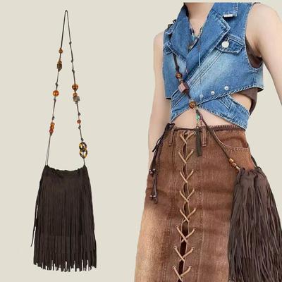 Spring and Summer New Style, Retro, Drawstring Women's Bag, Tassel Bead Accessories, Original Design, Crossbody Shoulder Bag