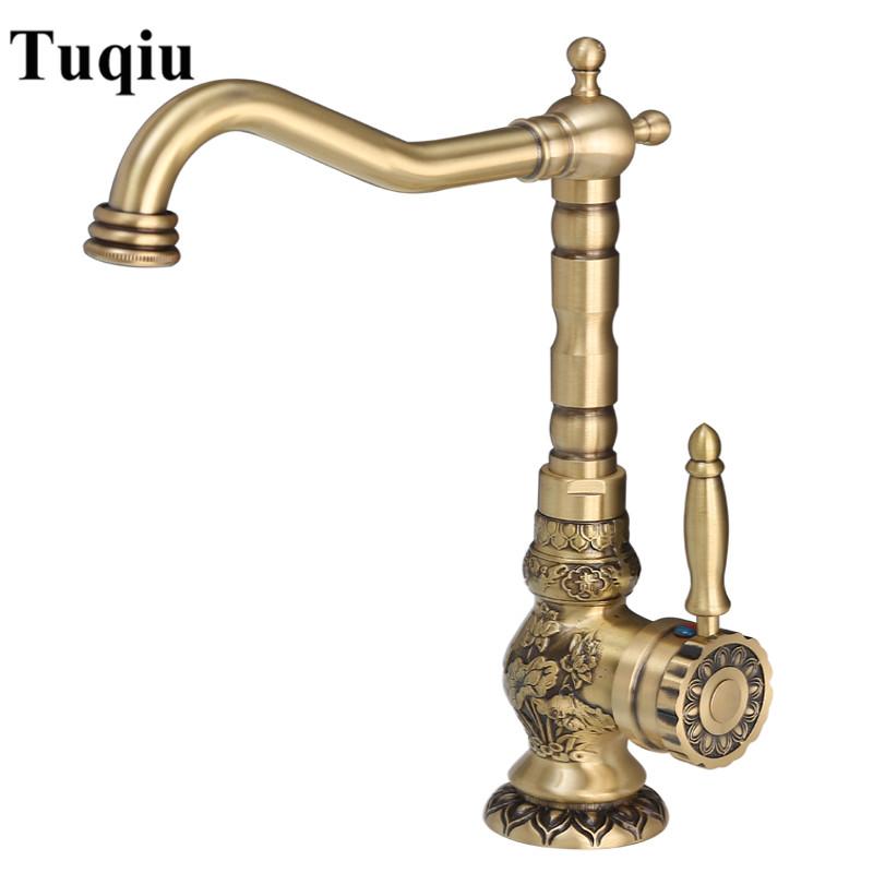 Basin Faucet Antique Brass Sink Faucet Carved Bathroom Faucet Copper Tap Rotate Single Handle Hot & Cold Water Mixer Tap Crane
