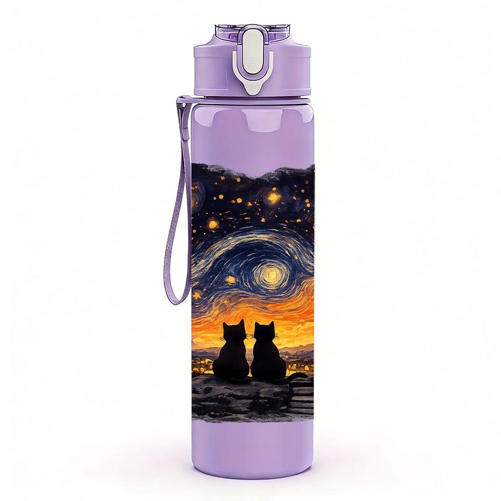 1PC Starry Night Mountain Sky Art Print 750ml Color Plastic Sports Water Bottle Leakproof Flip Straw Lid Suitable for Sports Office Home Use