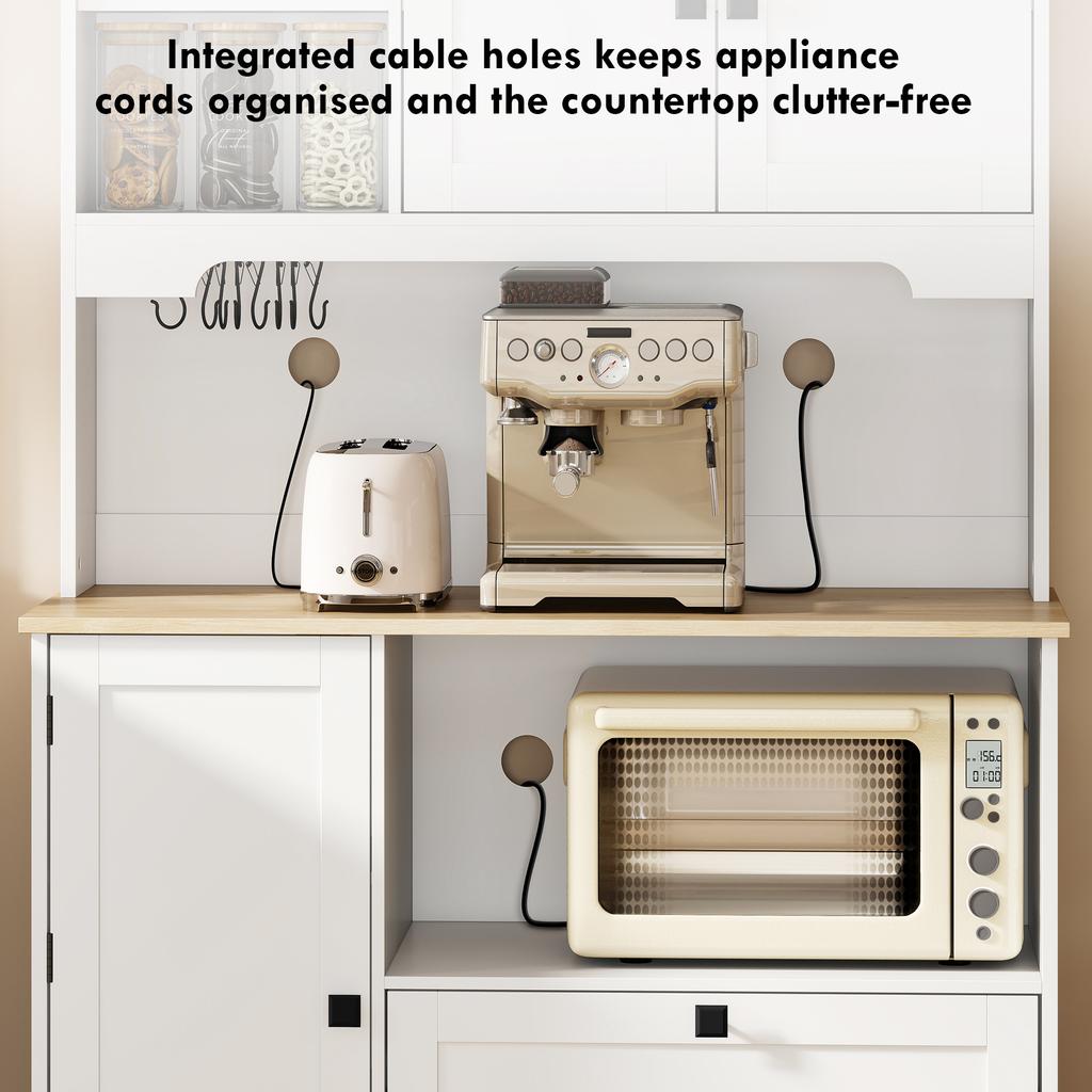 Kitchen Cupboard, Freestanding Kitchen Cabinet with 2 Cabinets, 2 Drawers, Open and Adjustable Shelves, White