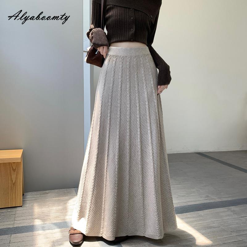 Moda Coreana Autunno Inverno Donna Gonna Lunga Maxi Vita Alta Beige Nero Grigio Lavorato a Maglia Gonna Femminile Elegante Lavorata a Maglia Calda Gonna Base