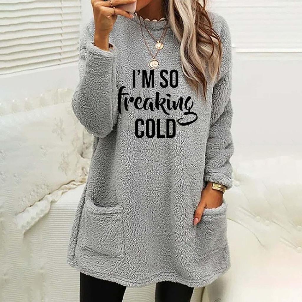 European & American Women's New Style Letter Print Round Neck Loose Plush Hoodie with Pockets