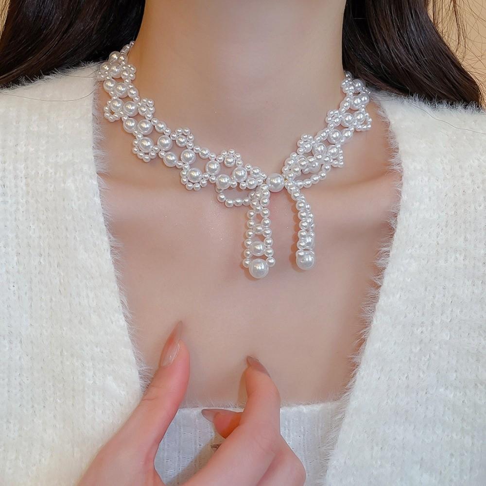 Imitation Pearl Clavicle Chain Women Bead Collarbone Chain Fashion Bow Necklace  Girls