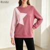 ZANZEA Women Casual Round Neck Patchwork Long Sleeve Pullover T-Shirts
